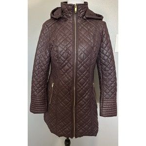 Via Spiga Zig-Zag Quilted Puffer Jacket Burgundy Full Zip Coat Zipper Pockets S